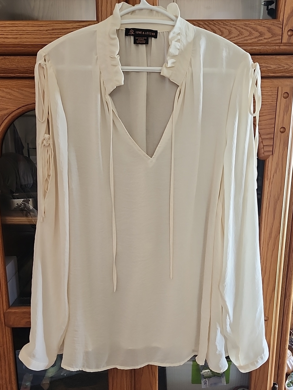 Love & Legend Ivory V-Neck Tie-Front Ruffle Blouse